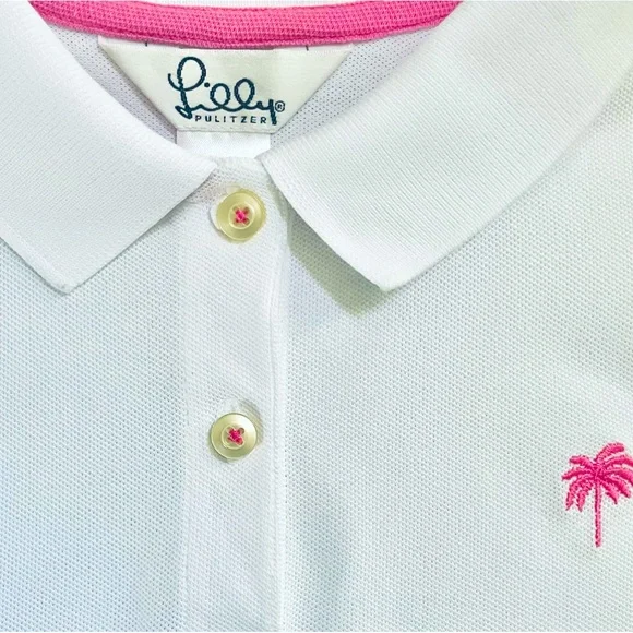 Lilly Pulitzer•M•Vintage White/Hot Pink Polo Shirt•95% Pima Cotton~5% Spandex🌼 - Picture 3 of 9